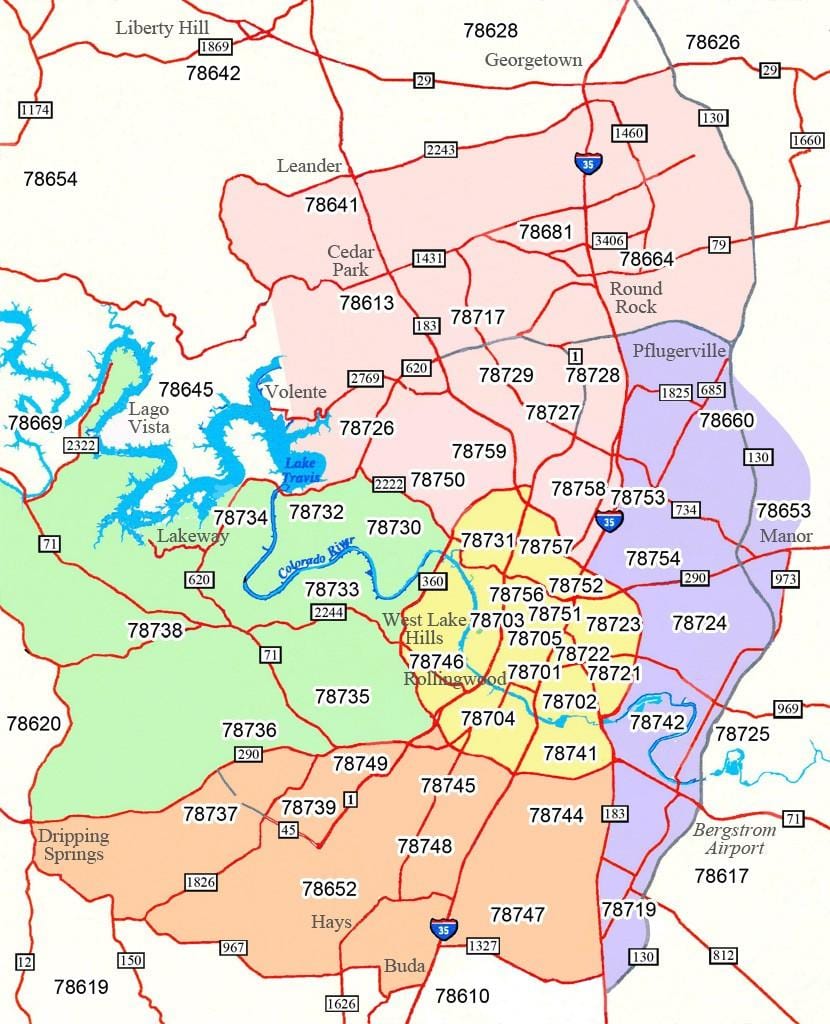 Austin área código postal mapa