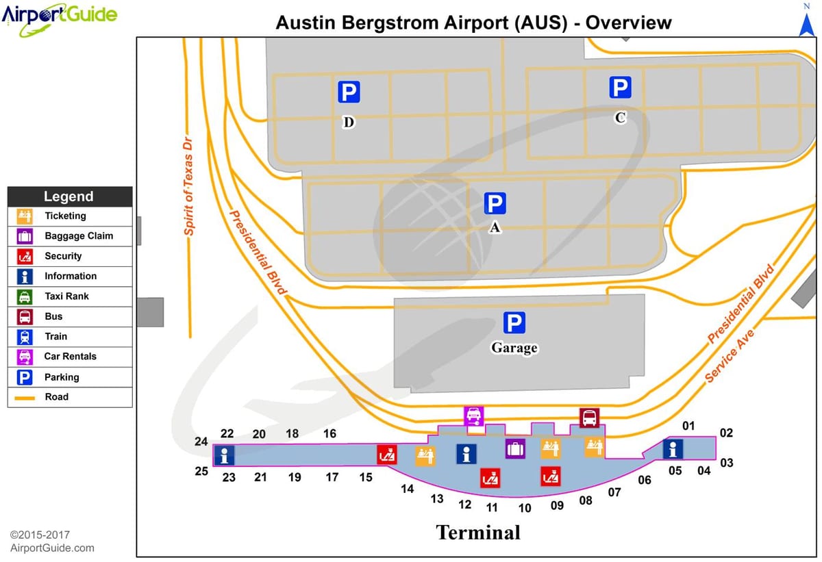 Austin Bergström aeroporto internacional mapa