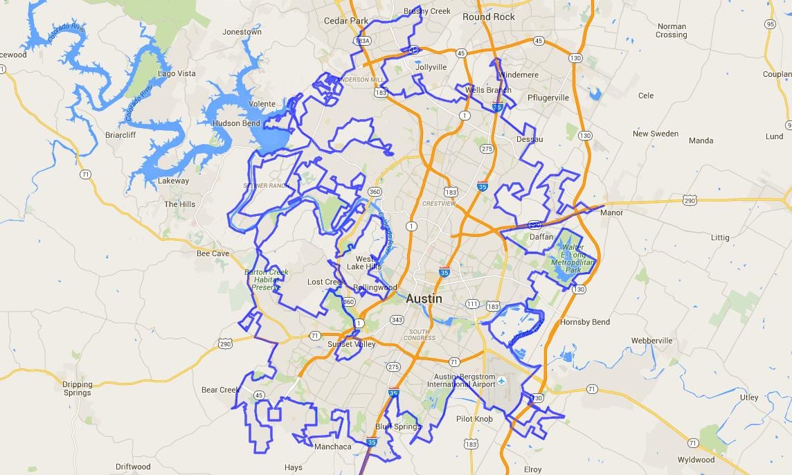 mapa de Austin límites da cidade
