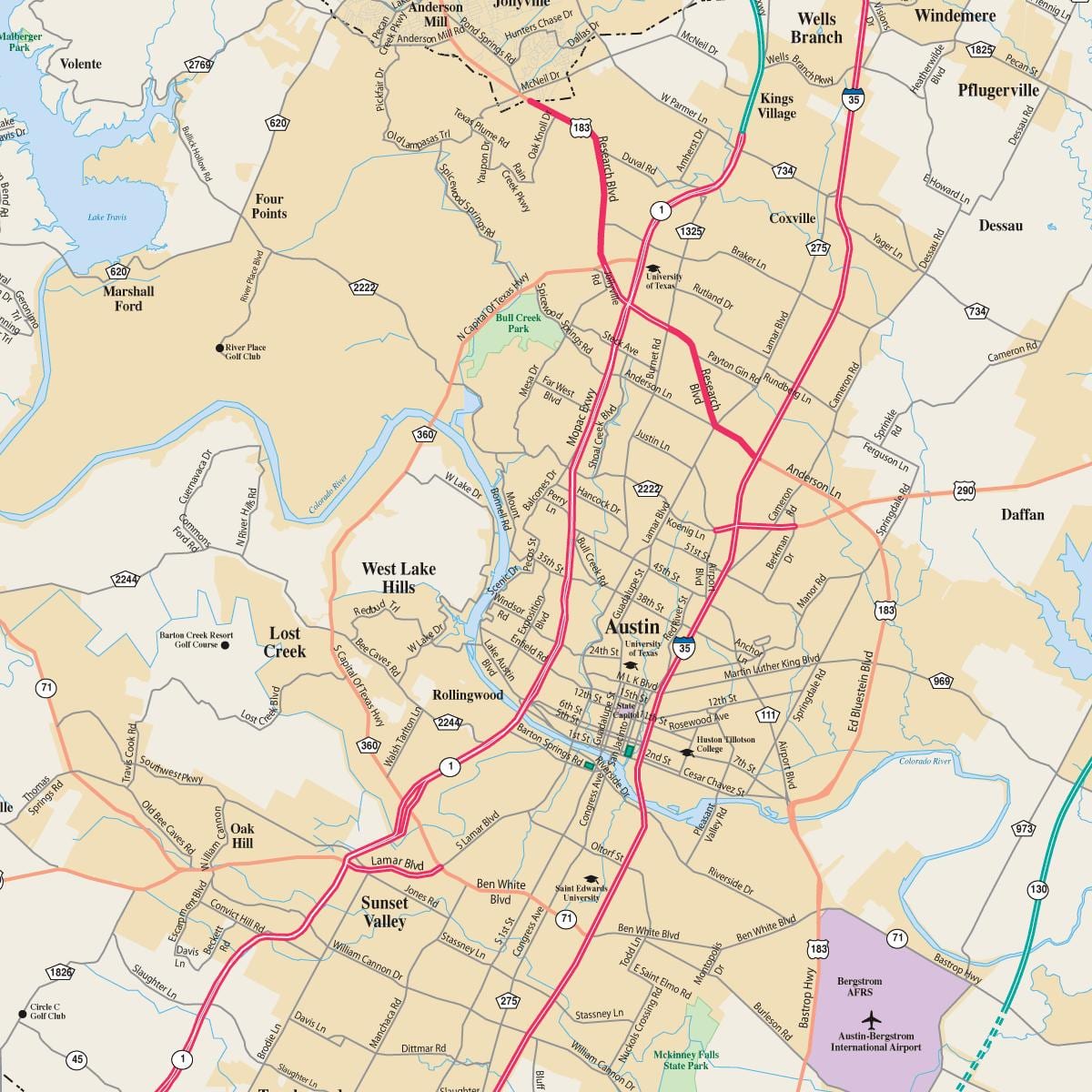 mapa de Austin, texas e cidades veciñas